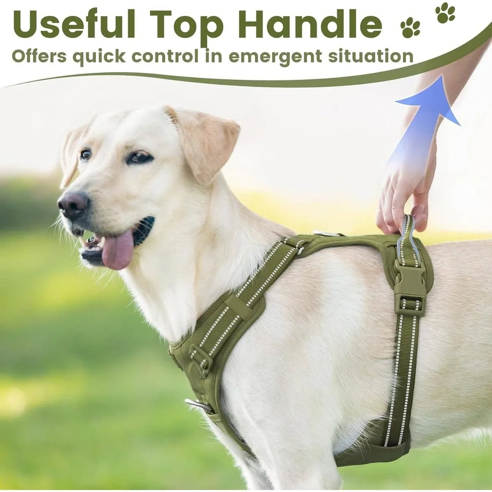 Tactical Dog Harness No Pull Adjustable Olive Green Reflective Control Handle XS